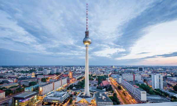 Berlin skyline panorama with TV tower at Alexanderplatz at night