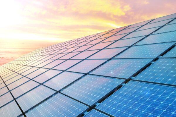 colse up solar panels on sunset. 3d illustration
