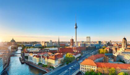 Aerial view of central Berlin on a sunset in Spring, including t