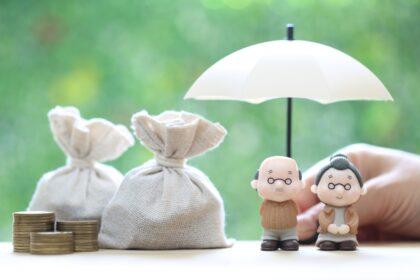 Mutual fund,Love couple senior and hand holding the umbrella wit