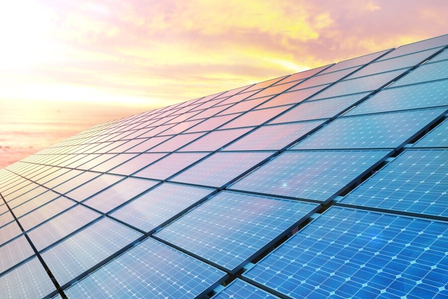 colse up solar panels on sunset. 3d illustration