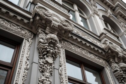 close-up of intricate cornice work on a building facade